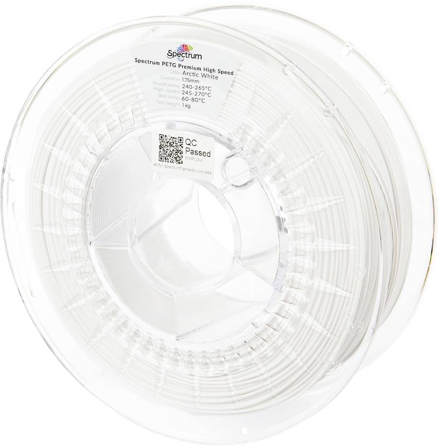 A spool of clear 3D printing filament labeled 'Spectrum PETG Premium High Speed', with specifications and a 'QC Passed' label visible.