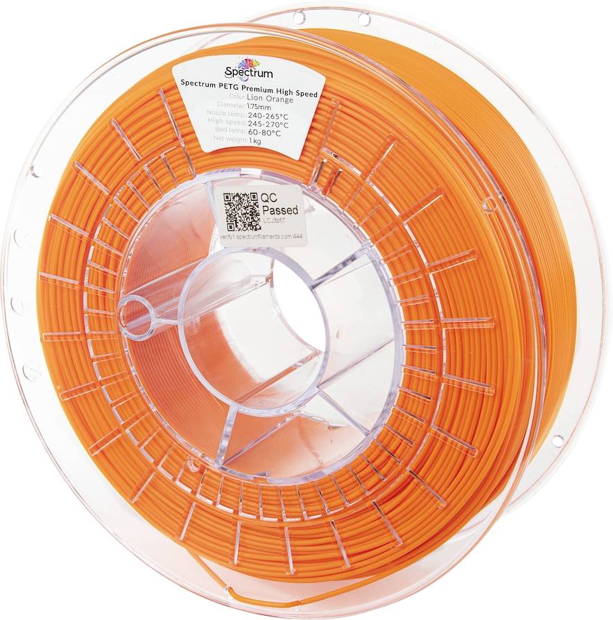 A spool of bright orange 3D printer filament with a label showing specifications, including material type, temperature range, and brand logo.