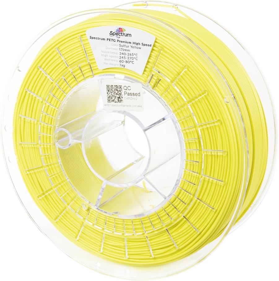 A spool of 'Spectrum PETG Premium High Speed' 3D printing filament, sulfur yellow, 1 kg, suitable for temperatures between 240-260°C.