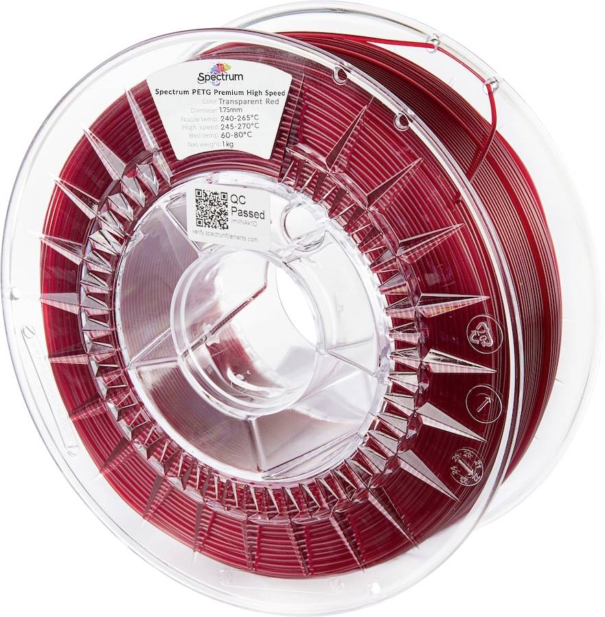 A spool of red PETG filament labeled 'Spectrum PETG Premium High Speed Transparent Red,' with temperature specifications and QC passed label.