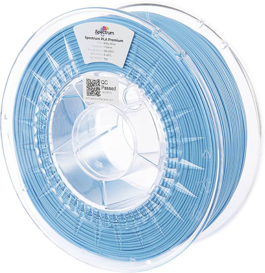 A spool of blue Spectrum PLA Premium 3D printer filament with a label indicating diameter 1.75mm, tolerance ±0.02mm, and temperature settings.