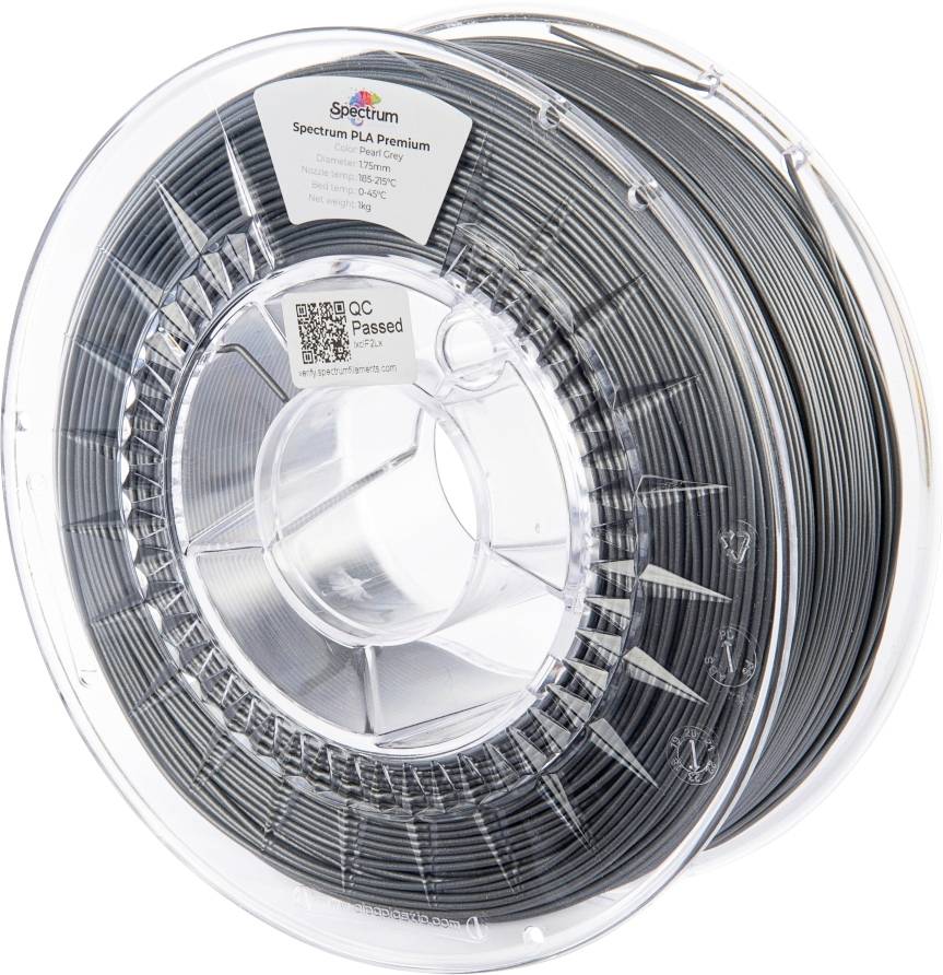 A spool of Spectrum PLA Premium 3D printer filament. The label includes a QR code and 'QC Passed' noted on the packaging.