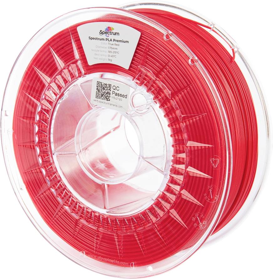 A clear spool of red 3D printer filament, labeled 'Spectrum PLA Premium.'