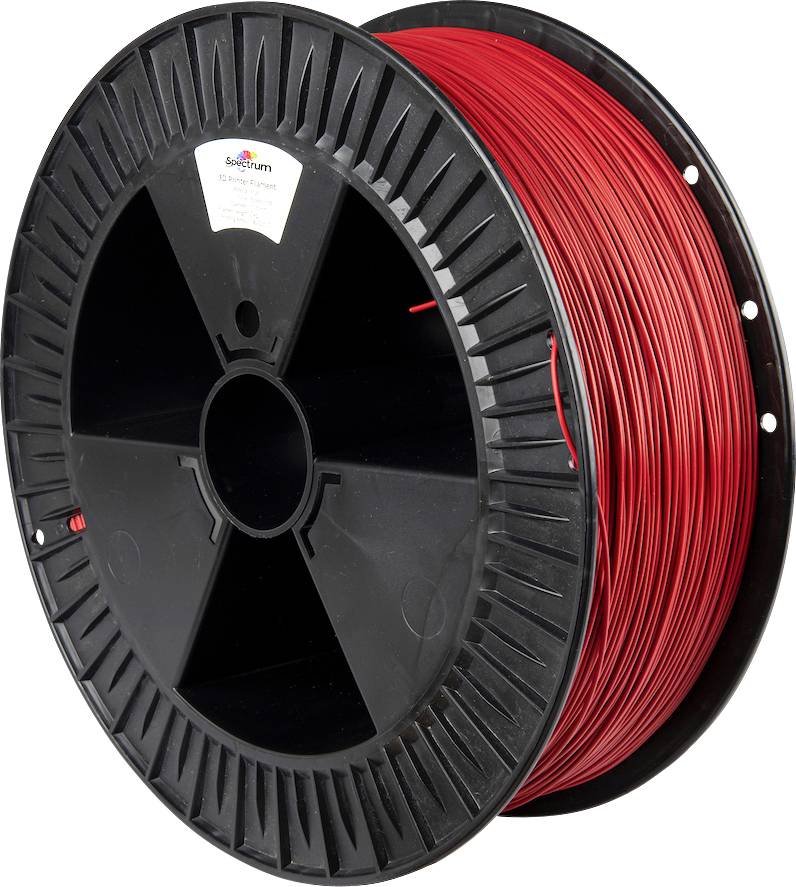 A spool of red 3D printer filament with a black plastic reel, used for feeding material into a 3D printer.