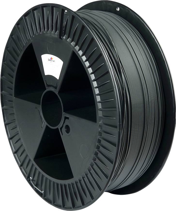 A spool of black plastic filament for 3D printing, coiled neatly around a large black reel.