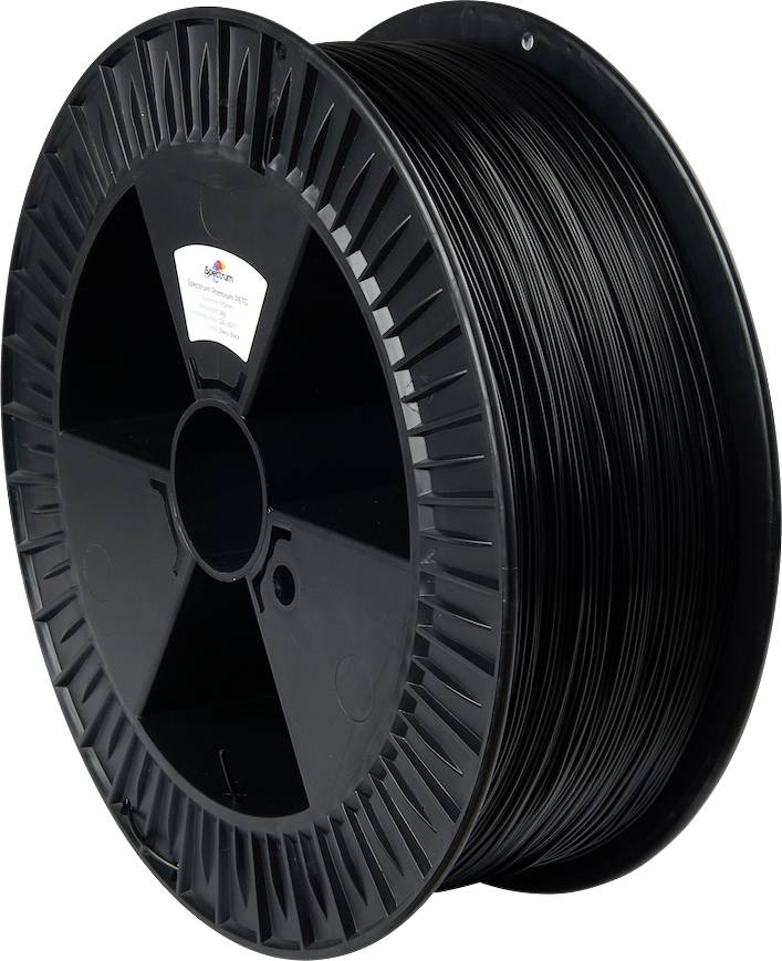 A black spool of 3D printer filament with a label displaying a logo and text, indicating product type and specifications.