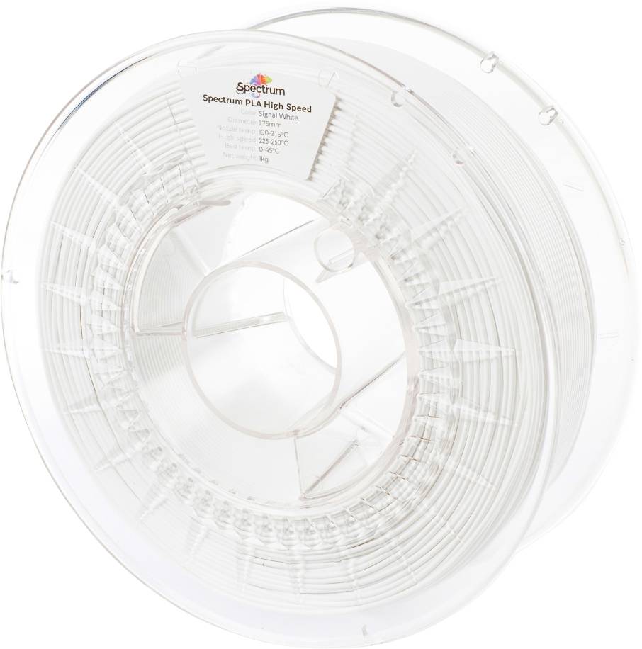 A clear spool containing white Spectrum PLA High Speed 3D printer filament, shown from the side with a visible label.