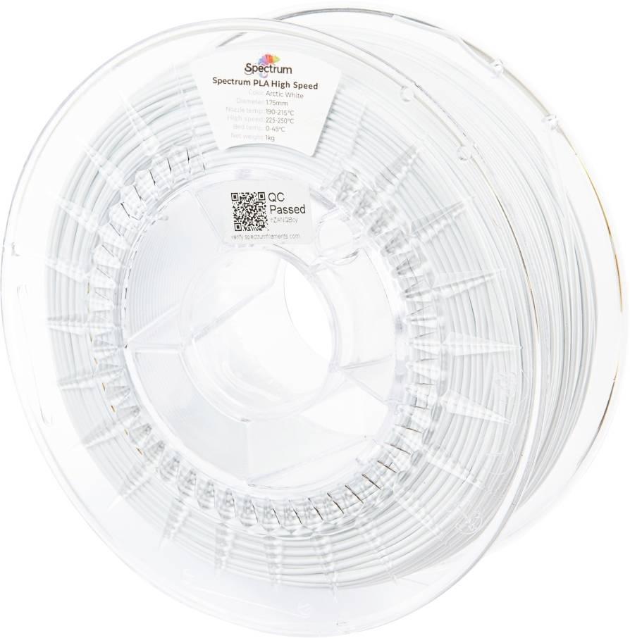 A clear spool of 'Spectrum PLA High Speed' 3D printer filament with QC Passed sticker. The label shows the printing temperature and diameter.