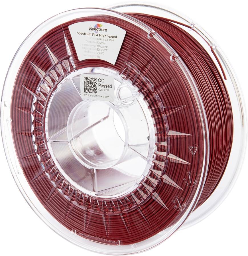 A spool of red Spectrum PLA High Speed 3D printer filament, labeled with 'PLA High Speed', diameter 1.75 mm, weight 1 kg, QC passed.