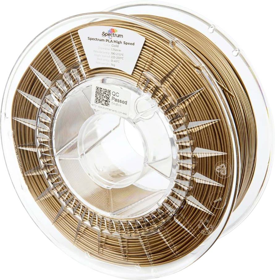 A clear spool of brown PLA filament labeled 'Spectrum PLA High Speed', suitable for 3D printing, showcasing a QR code and quality seal.