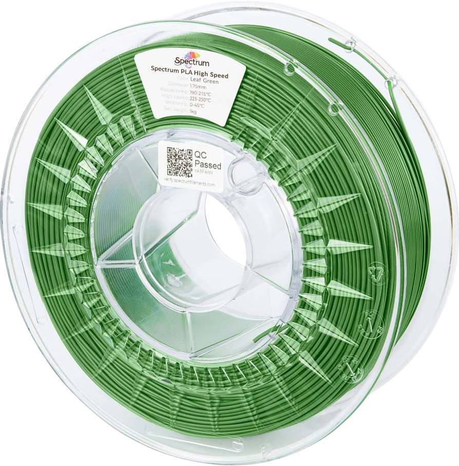 A spool of green PLA filament labeled 'Spectrum PLA High Speed' with specifications including diameter and recommended print temperature.