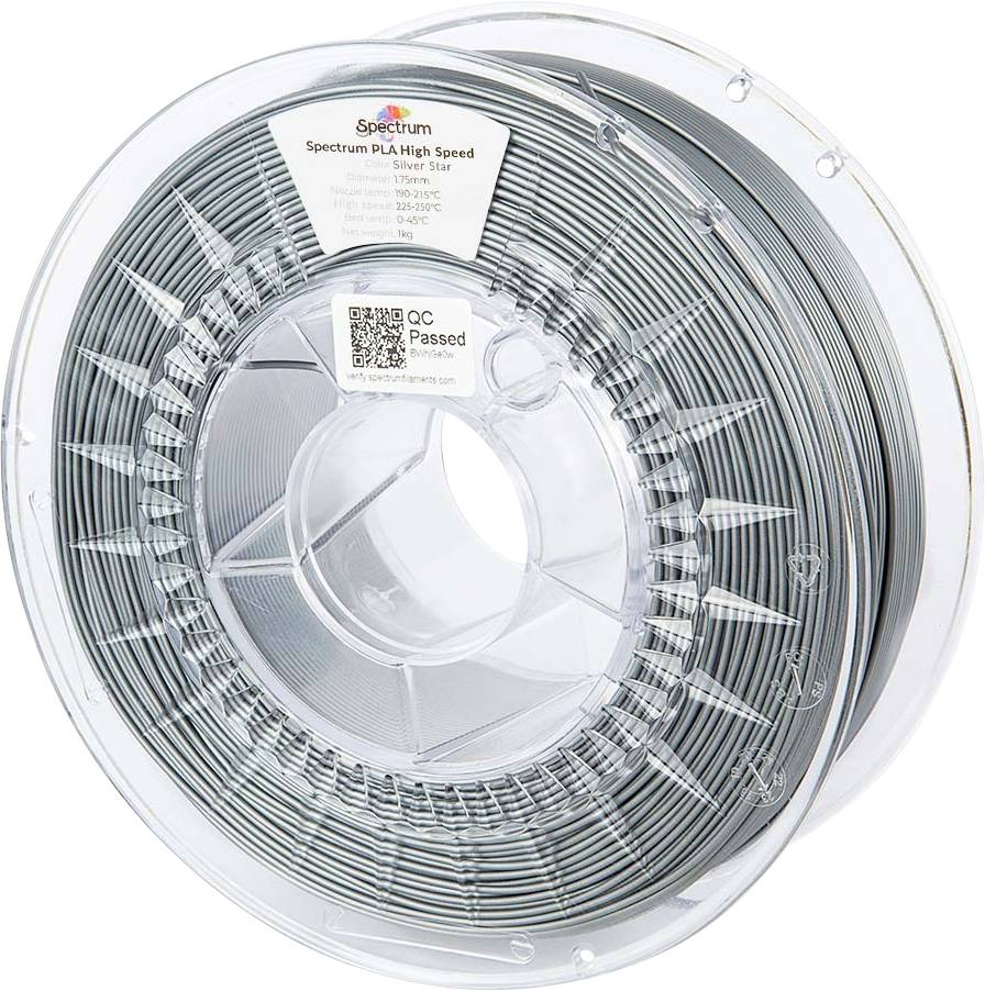 Spool of 'Spectrum PLA High Speed' 3D printing filament in silver, with a quality control label indicating 'QC Passed'.