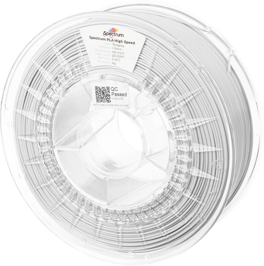 Clear transparent spool of Spectrum PLA High Speed 3D printing filament, labeled with specifications and a 'QC Passed' sticker visible.