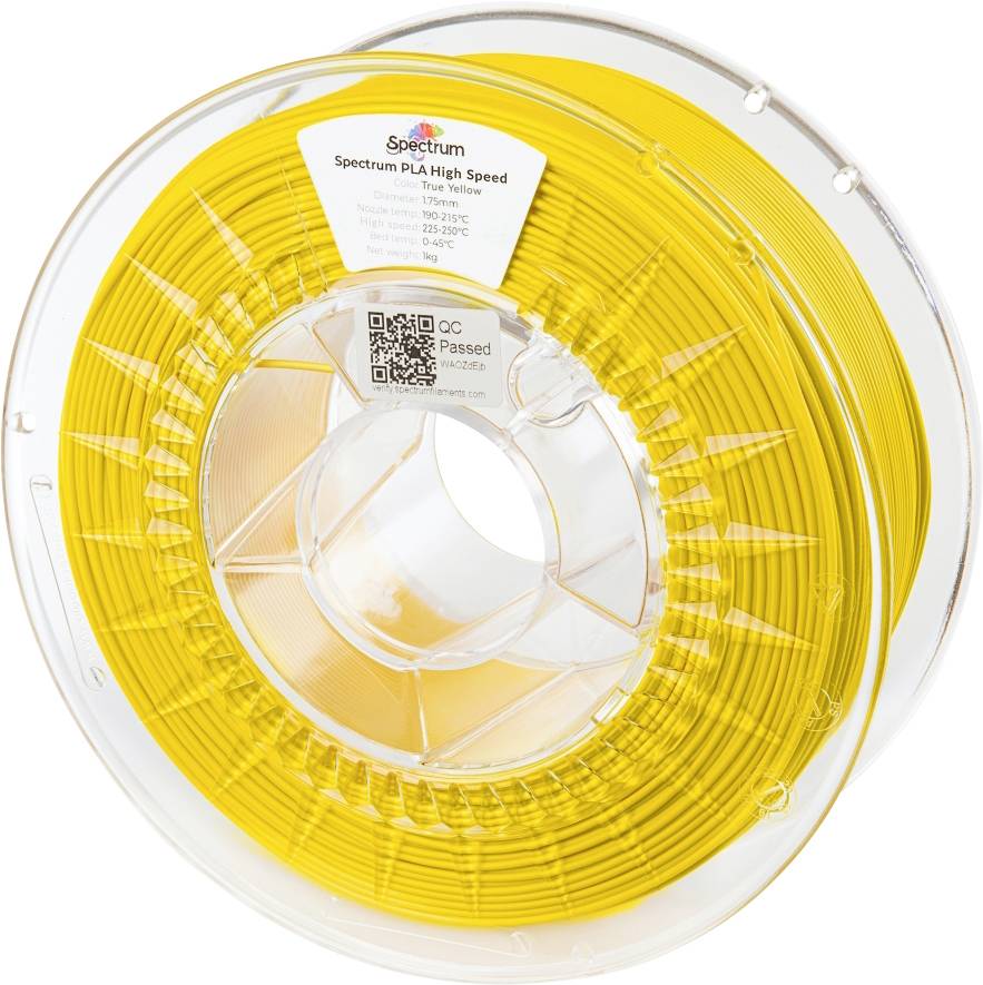 A spool of yellow 3D printer filament labeled 'Spectrum PLA High Speed' with a QR code and quality control pass sticker.