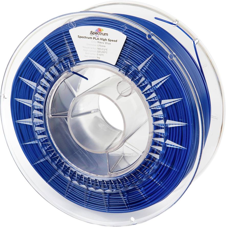 A spool of blue 3D printer filament labeled 'Spectrum PLA High Speed', for 3D printing applications.