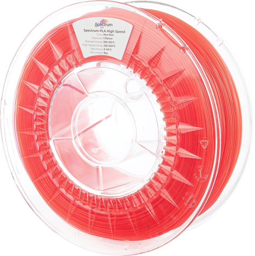A red spool of 3D printing filament labeled 'Spectrum PLA High Speed', showing specifications including diameter, density, and printing temperatures.