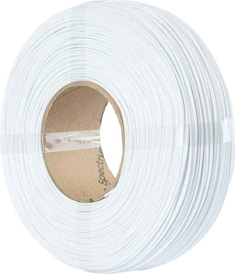 A roll of white filament coiled around a cardboard core, used for 3D printing.