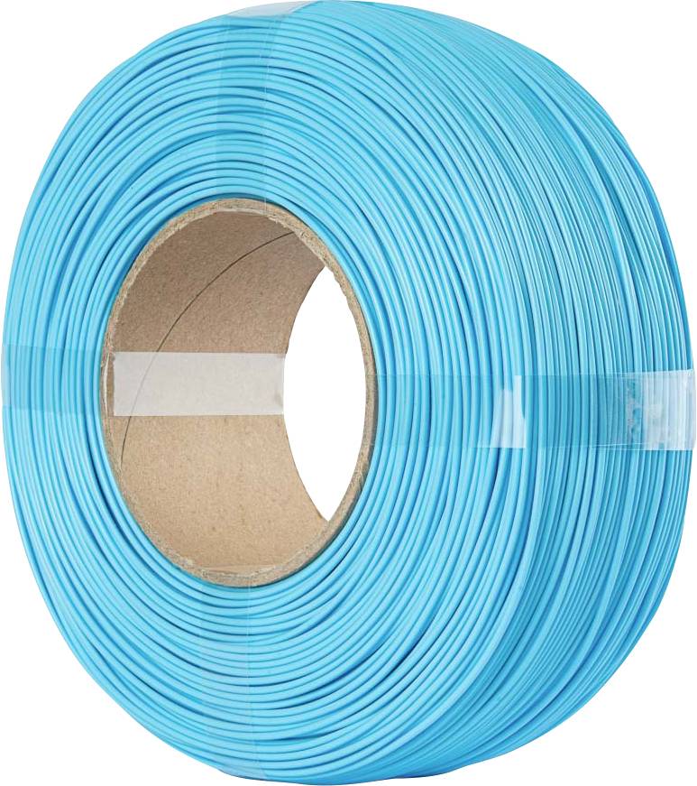 A large spool of bright blue plastic filament used for 3D printing, neatly wound around a cardboard core.