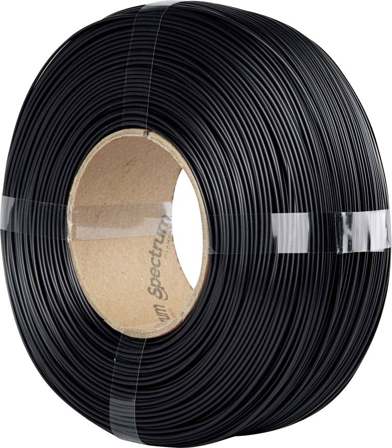 A large coil of black plastic-coated wire with a cardboard core, wrapped in transparent tape.