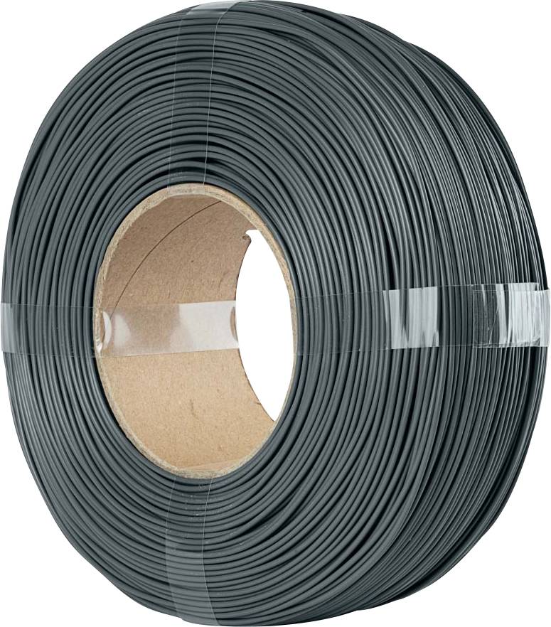 A spool of black wire with a cardboard core, wrapped in transparent tape, likely for electrical or building applications.