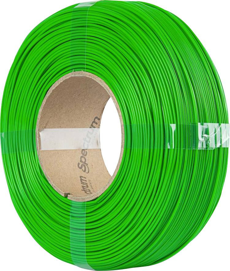 Large roll of bright green filament, used for 3D printing, coiled neatly with a cardboard spool at the center.