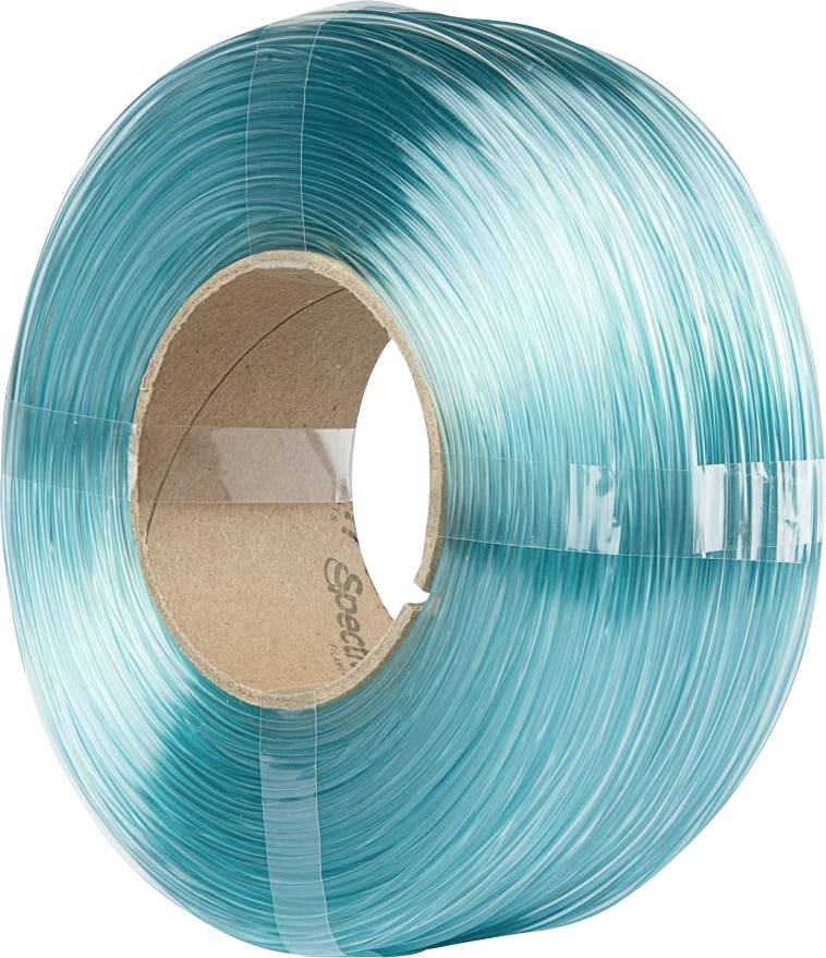 A roll of blue plastic strapping, tightly coiled, shows layers of translucent bands around a brown cardboard core, used for packaging.