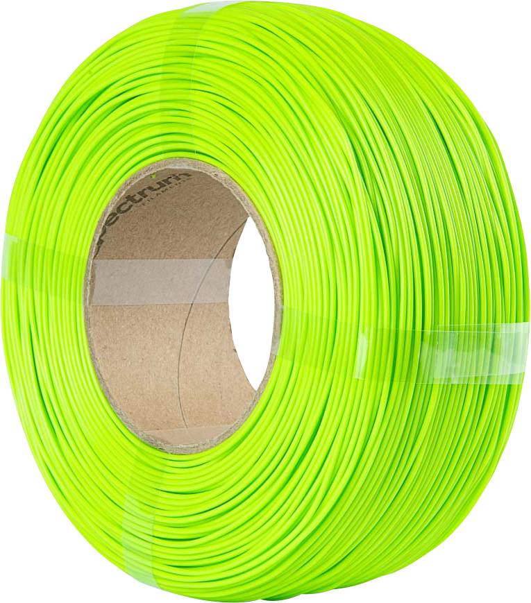 A spool of bright neon green filament used for 3D printing, shown from an angled view.