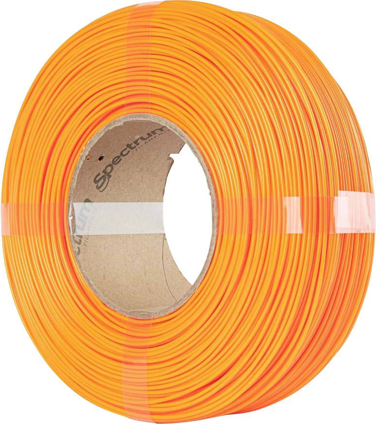 A spool of bright orange filament, tightly wound, with a visible cardboard core labeled 'Spectrum'.