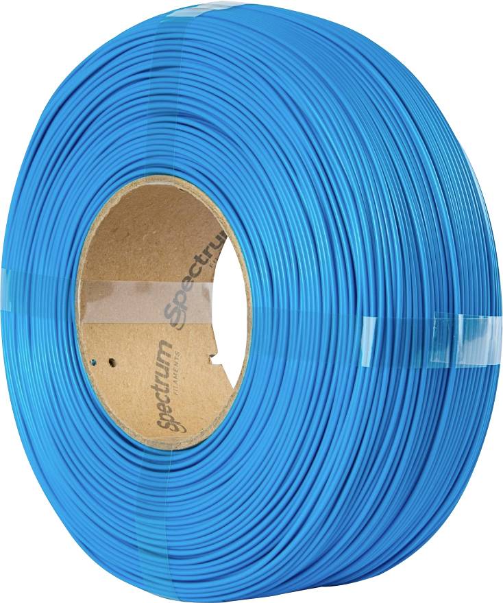 A spool of blue 3D printer filament, neatly wound in a circular pattern, showing the brand name on the inner cardboard edge.