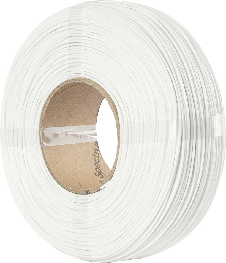 A white spool of plastic wire filament wound around a cardboard core, used for 3D printing.
