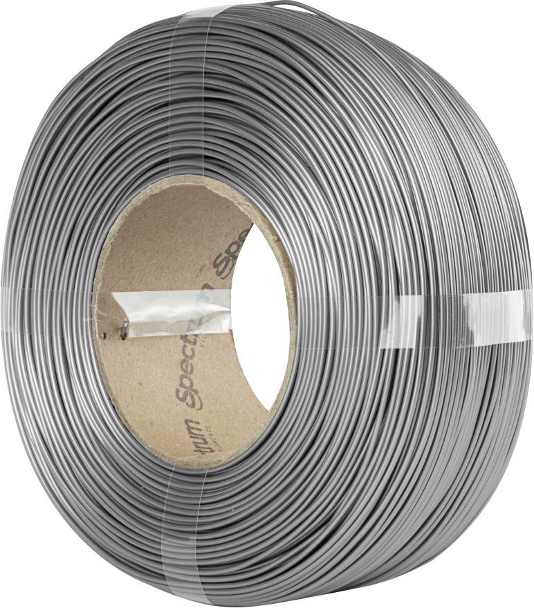 A roll of gray filament wire wound neatly for use in 3D printing, with a visible cardboard spool in the center.