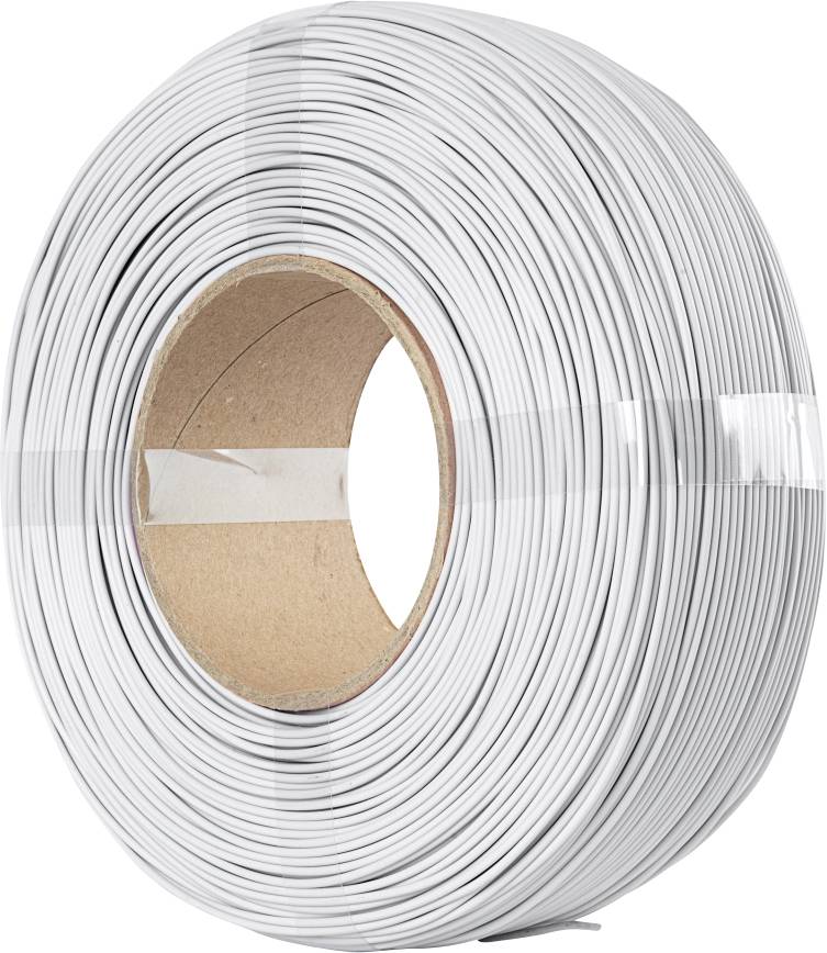 A coil of white electrical wire, tightly wound and secured with transparent tape, with a cardboard core visible at the center.