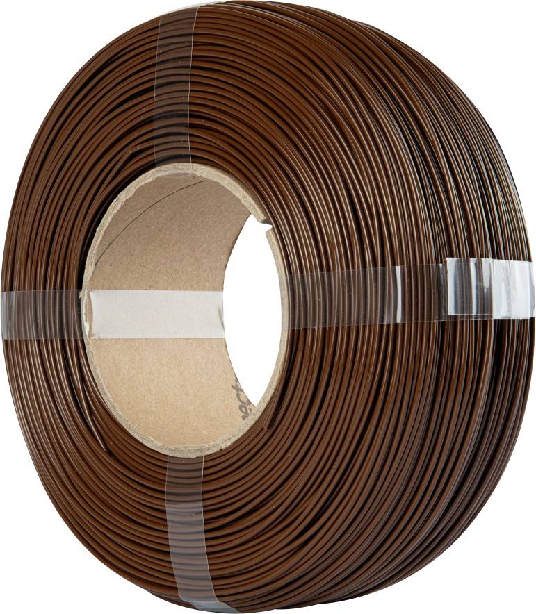 A large spool of brown filament neatly coiled, used for 3D printing.