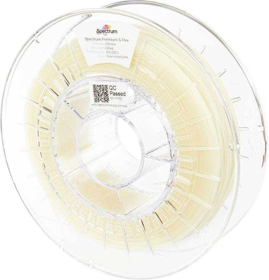 A clear spool of glow-in-the-dark 3D printer filament labeled 'Spectrum Premium 5 Flex'.