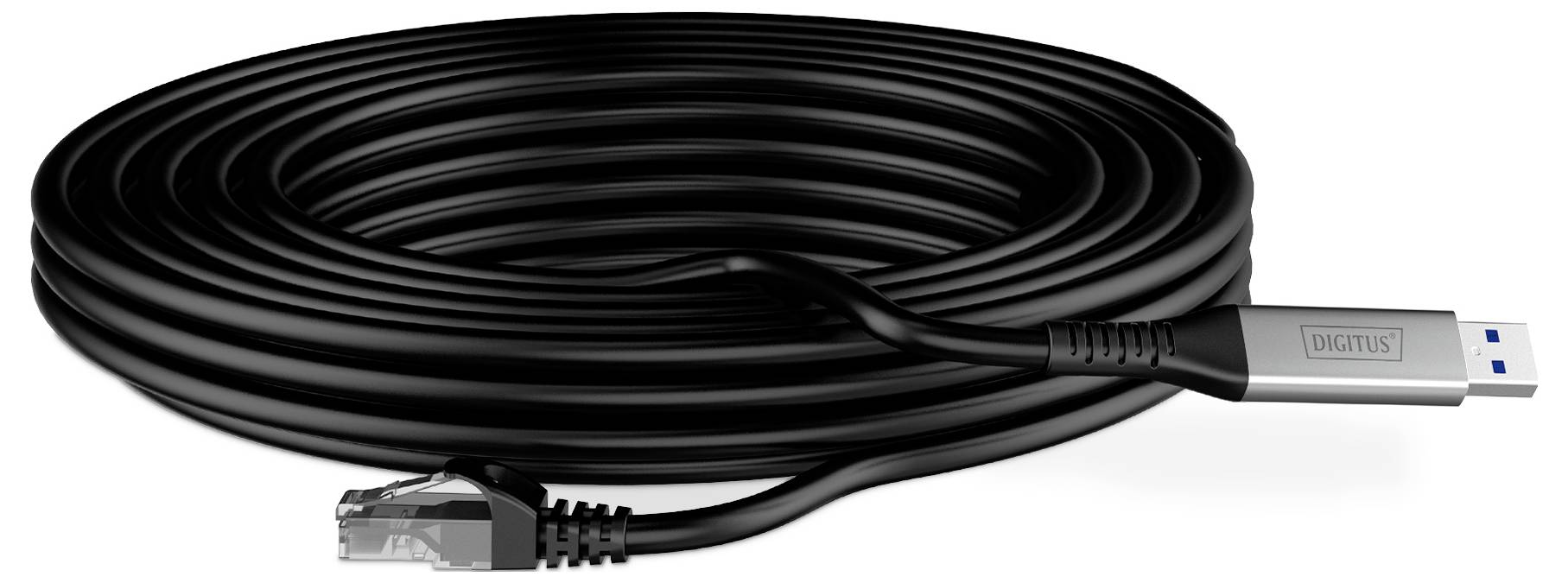 A long, coiled black USB cable with one end featuring a silver USB connector and the other an Ethernet plug, suitable for network connections.