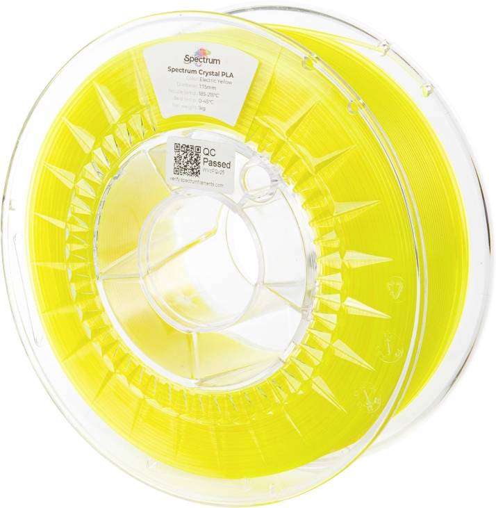 A spool of yellow Spectrum Crystal PLA filament, labeled with specifications and 'QC Passed' mark, used for 3D printing.