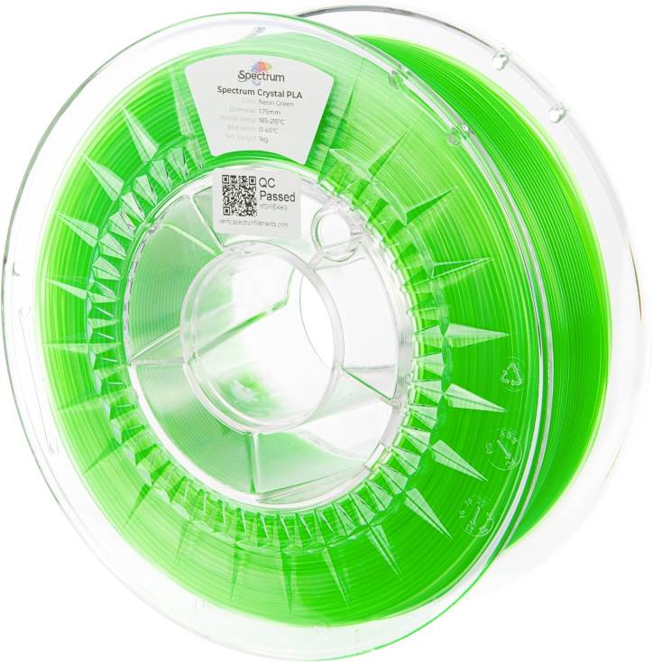 A spool of bright green filament for 3D printing, labeled 'Spectrum Crystal PLA' with a 'QC Passed' sticker and QR code.