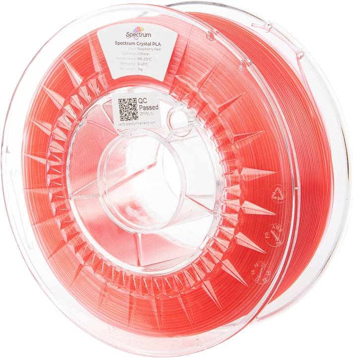 A spool of red 3D printing filament labeled 'Spectrum Crystal PLA', featuring a QR code and a quality control sticker marked 'QC Passed'.