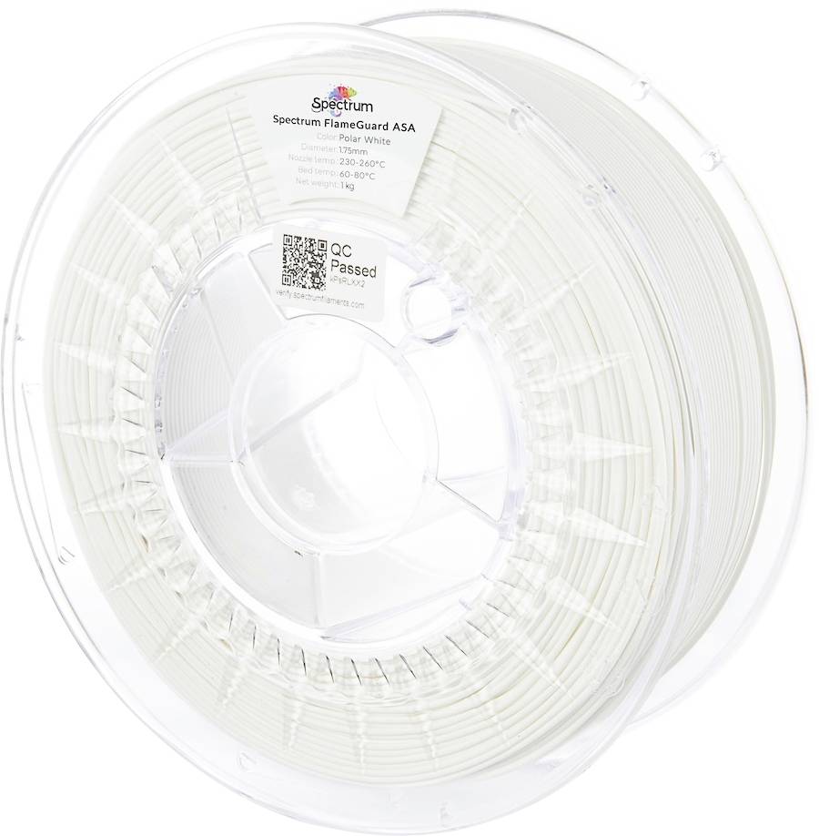 A spool of white 3D printing filament labeled 'Spectrum FlareGuard ASA'.