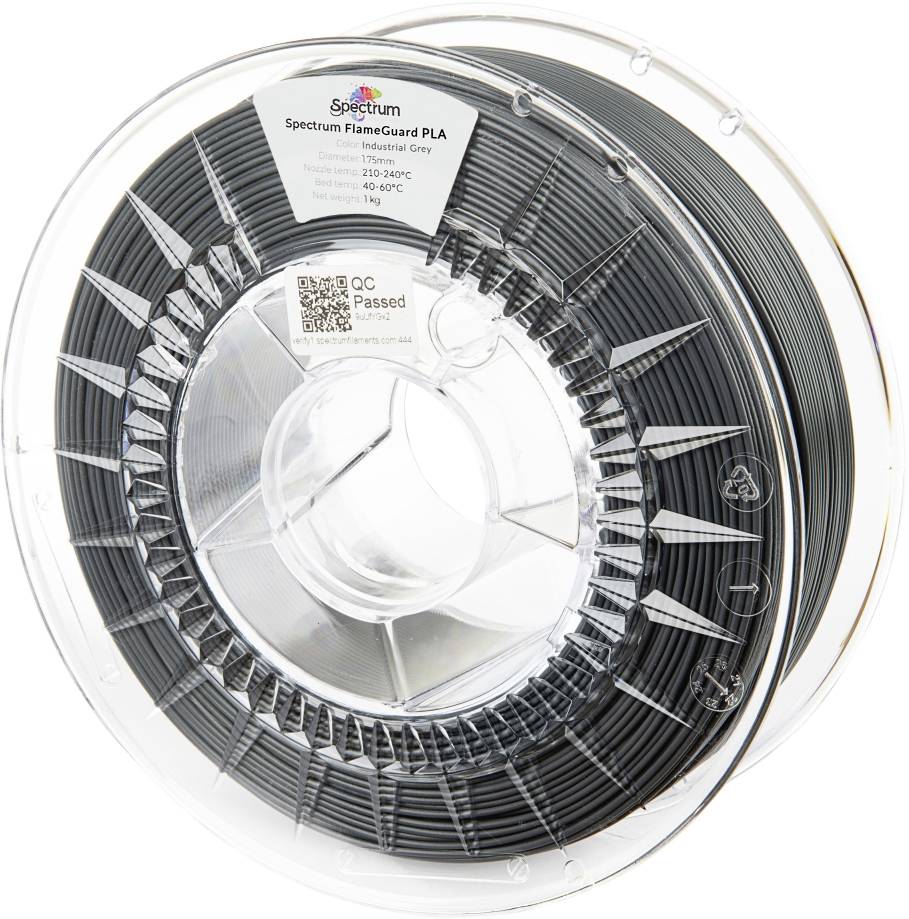 A clear spool of 'Spectrum FlameGuard PLA' filament in Industrial Grey, marked with temperature ranges and a QC passed label.