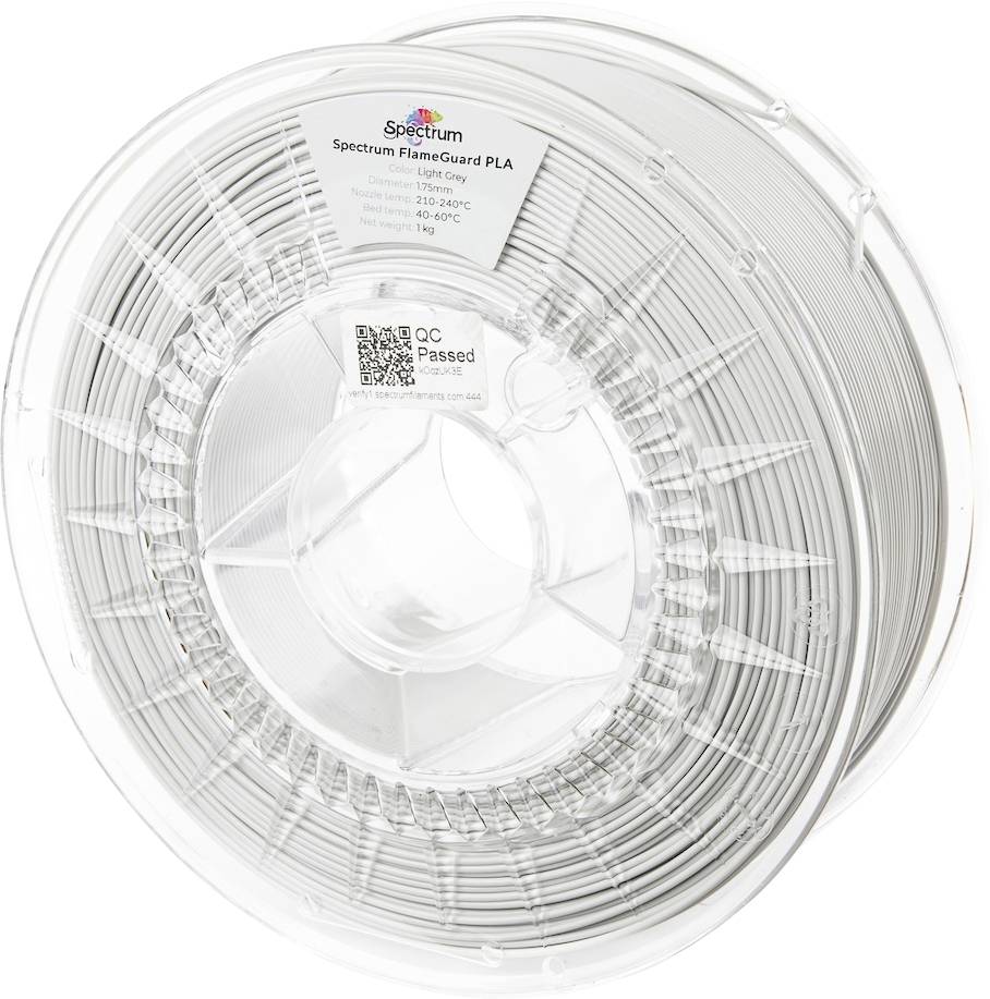 A spool of Spectrum FlameGuard PLA filament, labeled with printing temperature and weight details, in transparent packaging.