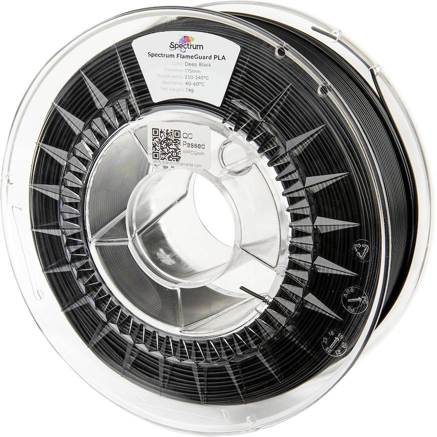 A spool of Spectrum 3D filament labeled 'Spectrum Filament Guard PLA', color 'Deep Black', with temperature guidelines printed on the label.