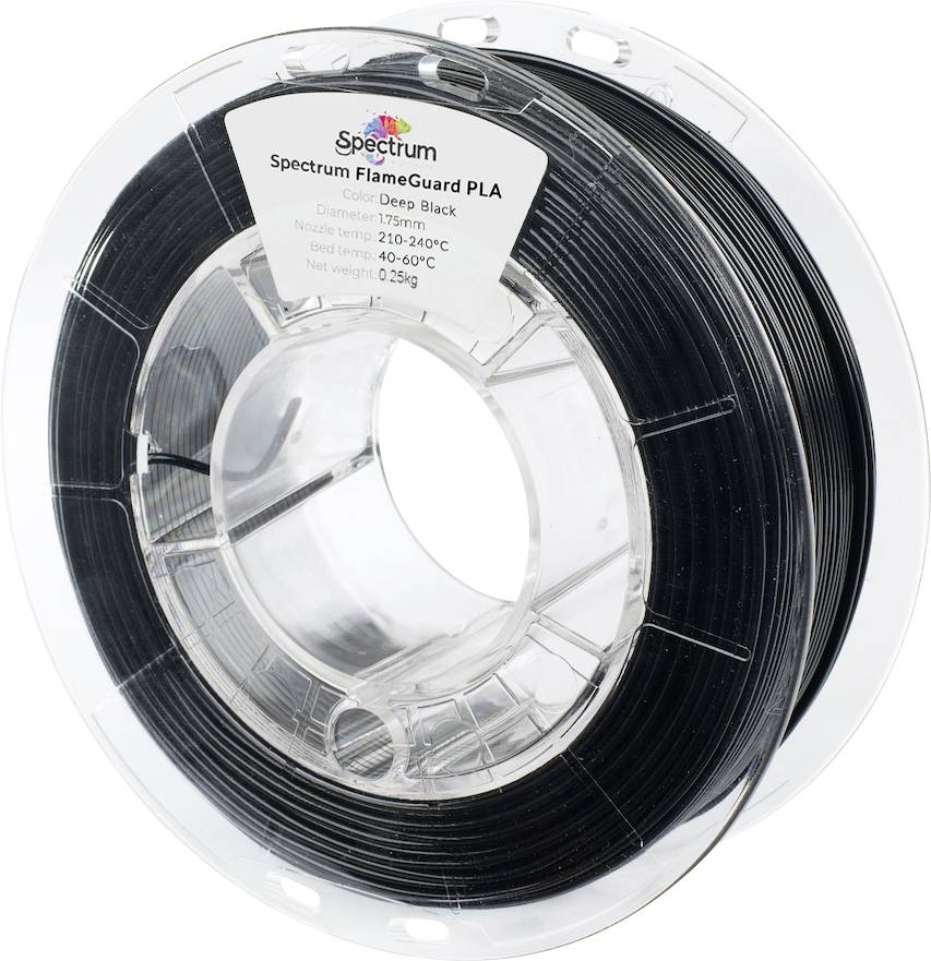 A spool of 'Spectrum FlameGuard PLA' 3D printer filament in deep black, 1.75mm diameter, with print temperature range of 190-240°C.
