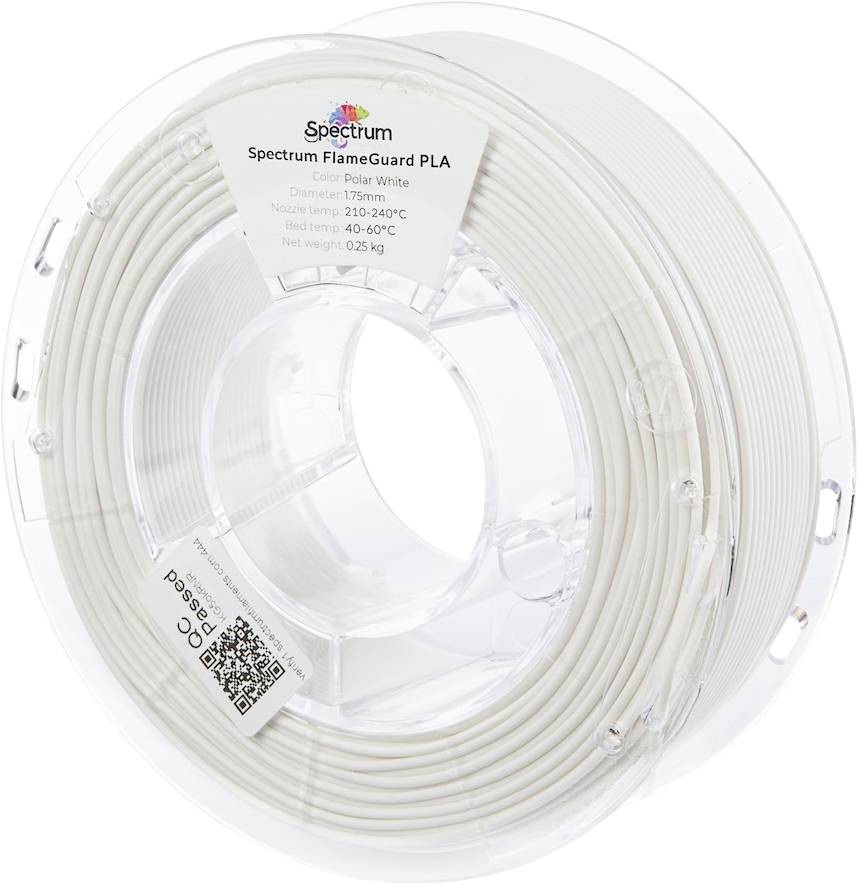A spool of Spectrum FlameGuard PLA filament in polar white. The label details specifications like diameter, temperature ranges, and weight.