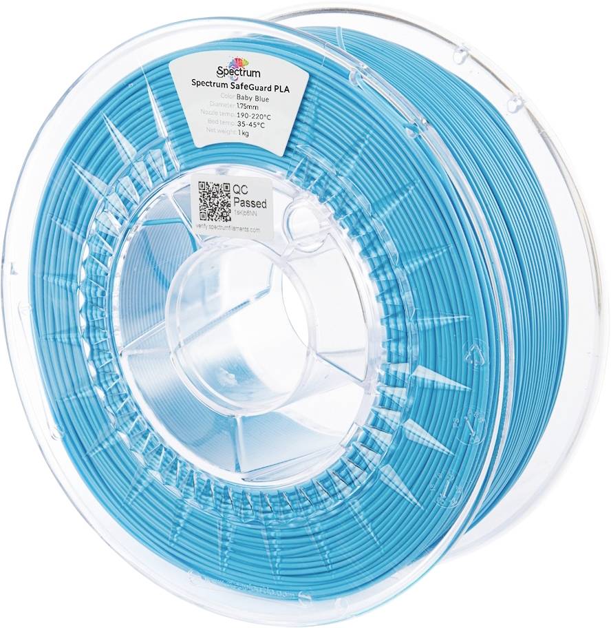 A spool of Spectrum blue PLA 3D printer filament, labeled with temperature settings: 185-230°C and 35-45°C. Quality check passed.