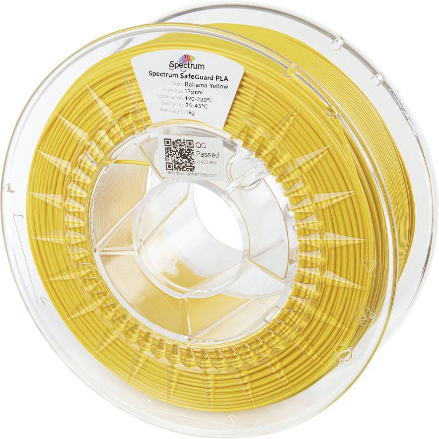 A spool of yellow Spectrum SafeGuard PLA filament, labeled with details such as temperature range and QR code, used for 3D printing.