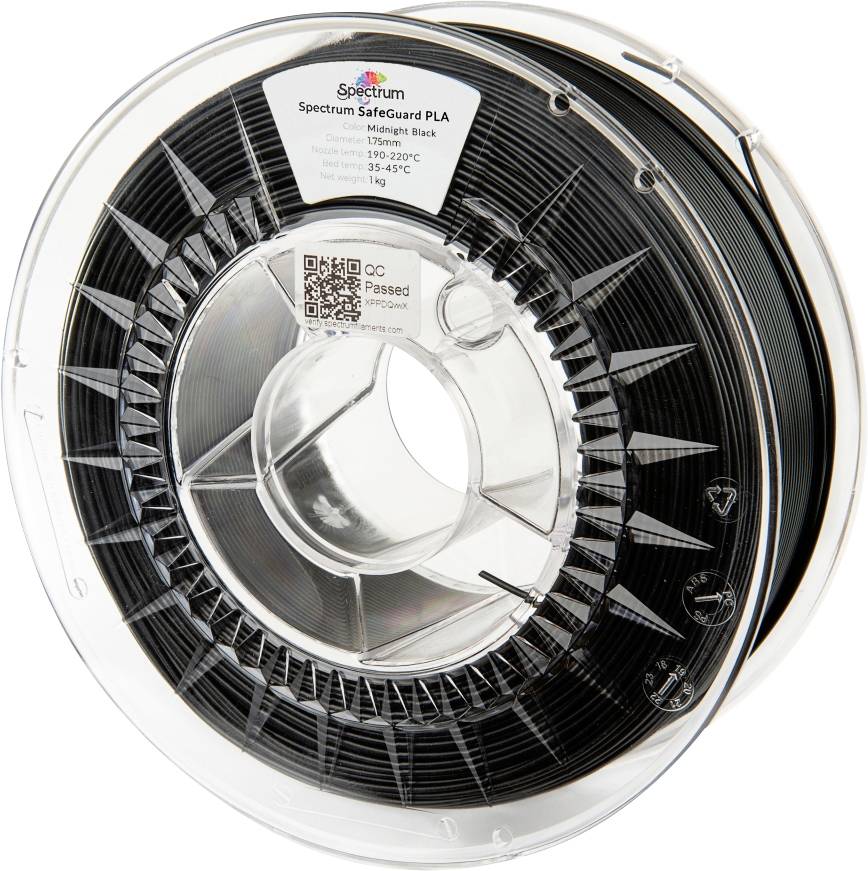 A spool of black Spectrum SafeGuard PLA 3D printing filament, 1.75mm diameter, net weight 1kg, with temperature range details on the label.