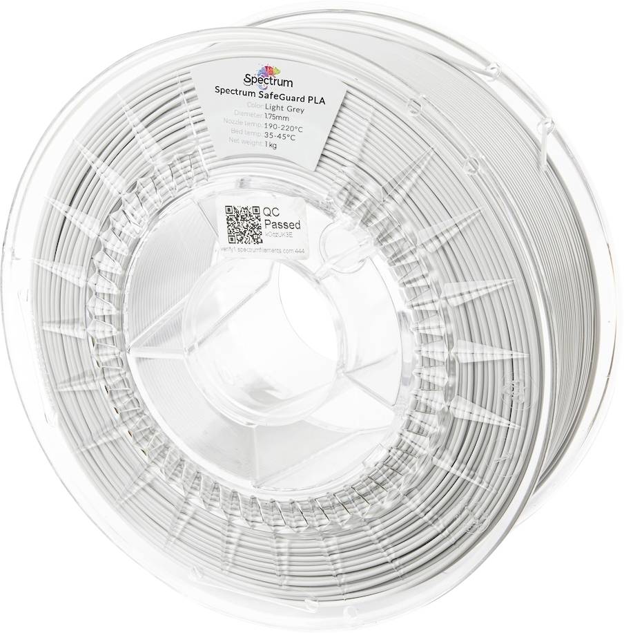 A clear spool of 'Spectrum SafeGuard PLA' 3D printing filament labeled 'Light Grey' with QR code, 1 kg weight, and 'QC Passed' mark.