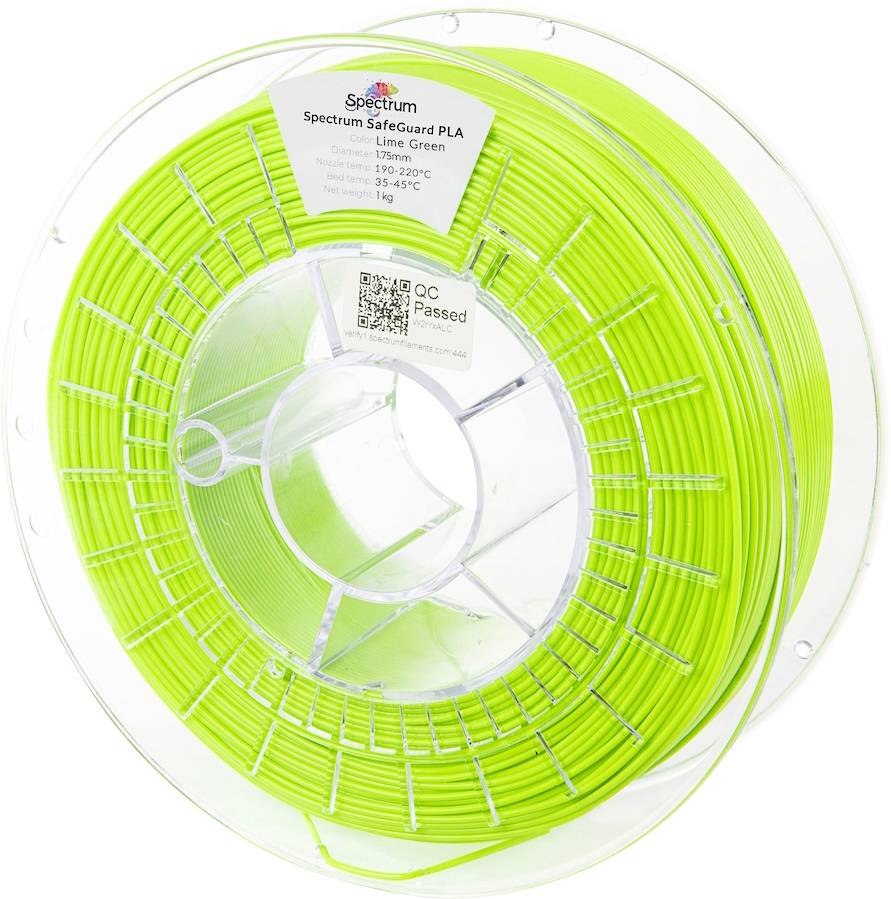 A spool of bright lime green 3D printer filament labeled 'Spectrum Safeguard PLA', 1.75 mm diameter, 1 kg, with temperature settings.