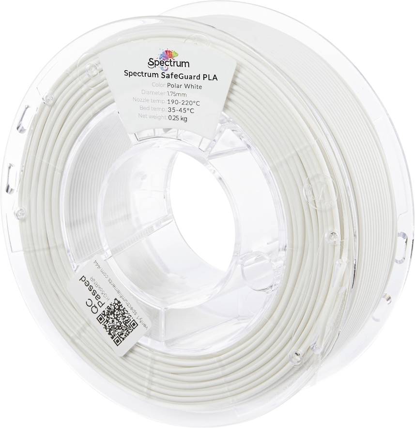 A spool of Spectrum SafeGuard PLA 3D printing filament in polar white, with labels showing specifications like diameter, nozzle and bed temps.